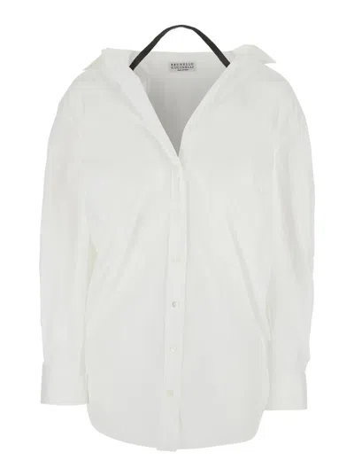 Brunello Cucinelli White Shirt With Pointed Collar And Monil Detail On The Neck In Cotton Blend Stretch Woman