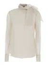 Brunello Cucinelli White Shirt With Puffed Sleeves And Bow Detail On The Collar In Silk Woman In Neutral