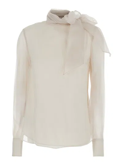 Brunello Cucinelli White Shirt With Puffed Sleeves And Bow Detail On The Collar In Silk Woman In Neutral