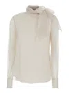Brunello Cucinelli White Shirt With Puffed Sleeves And Bow Detail On The Collar In Silk Woman In Neutral