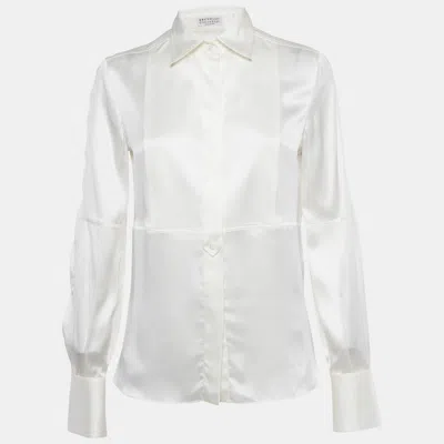 Pre-owned Brunello Cucinelli White Silk Satin Button Front Blouse S