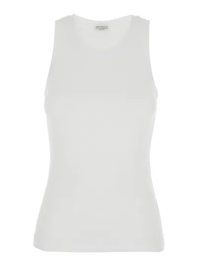 Brunello Cucinelli White Sleeveless Top With Round Neck And Monil Detail On The Rear In Cotton Stretch Woman