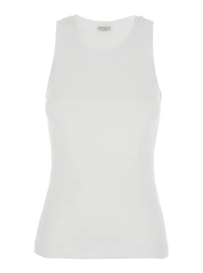 BRUNELLO CUCINELLI WHITE SLEEVELESS TOP WITH ROUND NECK AND MONIL DETAIL ON THE REAR IN COTTON STRETCH WOMAN