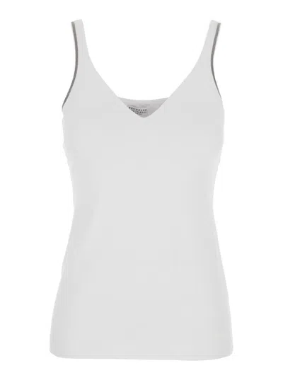 Brunello Cucinelli White Sleeveless Top With V Neck And Monil Detail On The Shoulder Straps In Cotton Stretch Woman