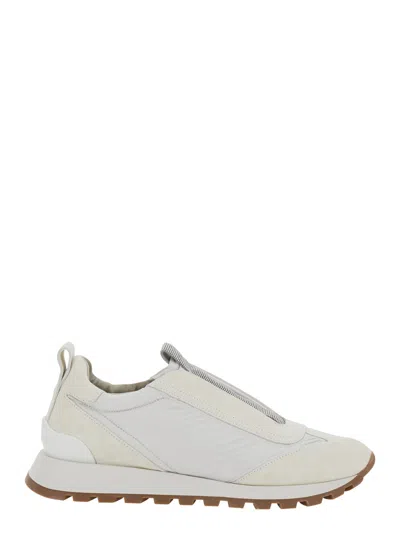 Brunello Cucinelli Bead-embellished Suede-trimmed Shell Sneakers In Panama