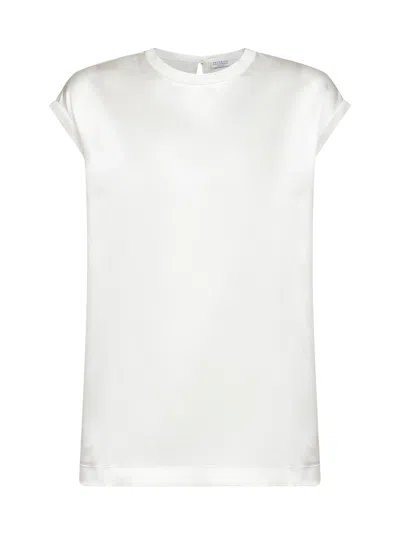 BRUNELLO CUCINELLI WHITE STRETCH SILK SATIN MONILI TOP