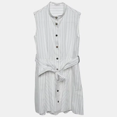 Pre-owned Brunello Cucinelli White Stripe Cotton Flared Mini Dress 8 Yrs
