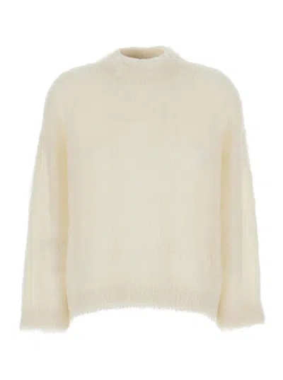 Brunello Cucinelli White Sweater With Stand-up Collar In Cashmere And Silk Blend Woman In Multi