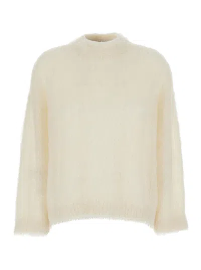 BRUNELLO CUCINELLI WHITE SWEATER WITH STAND-UP COLLAR IN CASHMERE AND SILK BLEND WOMAN