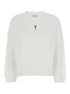 Brunello Cucinelli White Sweater With V Neck And Monile Detail On The Front In Cotton Woman
