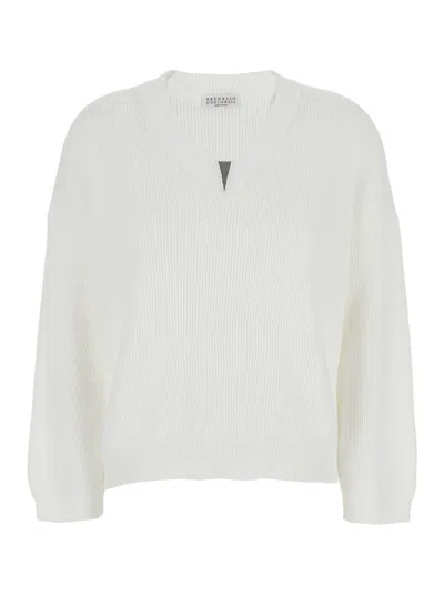BRUNELLO CUCINELLI WHITE SWEATER WITH V NECK AND MONIL DETAIL ON THE NECK IN COTTON WOMAN