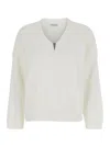 Brunello Cucinelli White Sweater With V Neck And Monile Detail On The Front In Cotton Woman In White