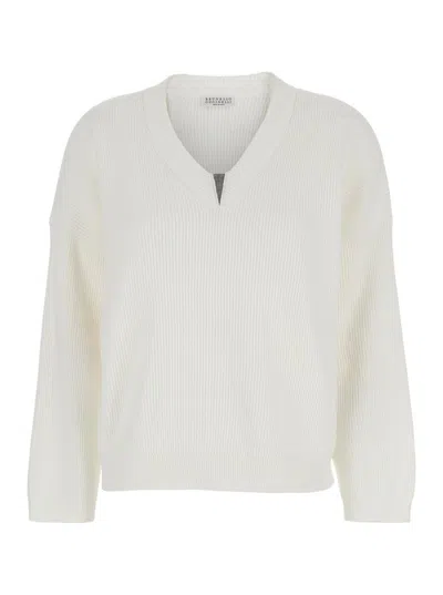 BRUNELLO CUCINELLI WHITE SWEATER WITH V NECK AND MONILE DETAIL ON THE FRONT