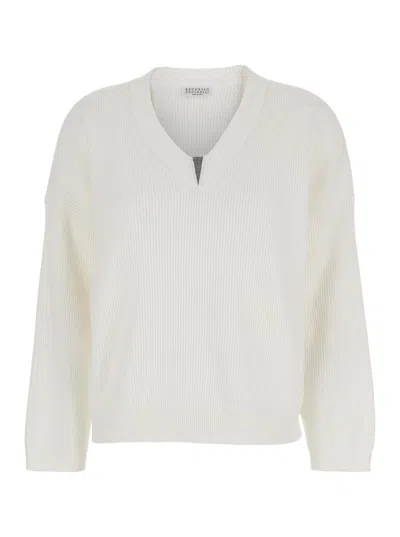 BRUNELLO CUCINELLI WHITE SWEATER WITH V NECK AND MONILE DETAIL ON THE FRONT IN COTTON WOMAN