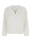 Brunello Cucinelli White Sweater With V Neck And Monile Detail On The Front In Cotton Woman In White
