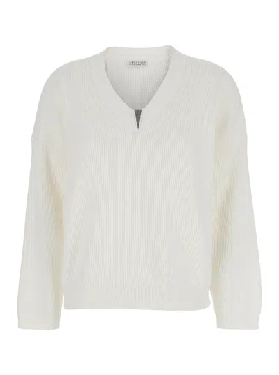 BRUNELLO CUCINELLI WHITE SWEATER WITH V NECK AND MONILE DETAIL ON THE FRONT IN COTTON WOMAN