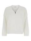 Brunello Cucinelli White Sweater With V Neck And Monile Detail On The Front In Cotton Woman In White