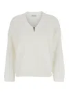 Brunello Cucinelli White Sweater With V Neck And Monile Detail On The Front In Cotton Woman In Multicolor