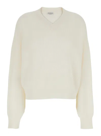 Brunello Cucinelli White Sweater With V-neck And Ribbed Design In Alpaca And Cotton Blend Woman