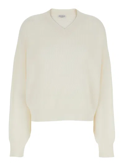 Brunello Cucinelli White Sweater With V-neck And Ribbed Design In Alpaca And Cotton Blend Woman