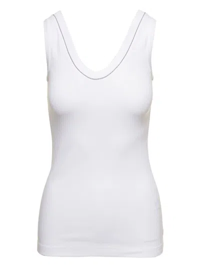 BRUNELLO CUCINELLI WHITE TANK TOP WITH MONILE DETAIL IN COTTON WOMAN BRUNELLO CUCINELLI