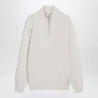 BRUNELLO CUCINELLI WHITE TURTLENECK SWEATER WITH ZIP