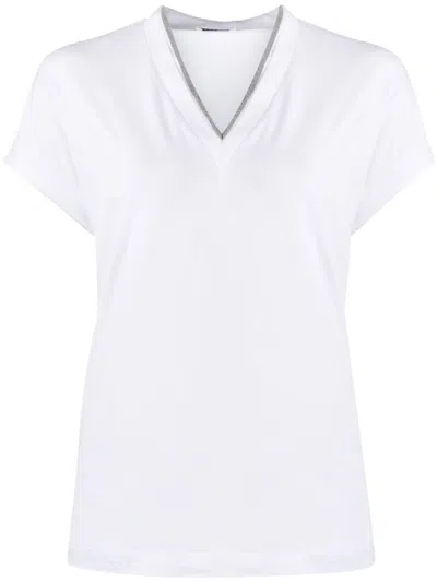BRUNELLO CUCINELLI WHITE V-NECK COTTON T-SHIRT