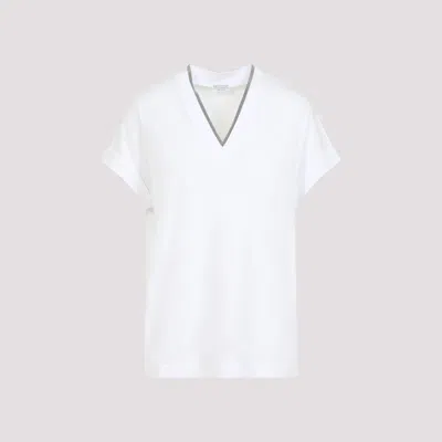 BRUNELLO CUCINELLI WHITE V-NECK MONILE COTTON T-SHIRT