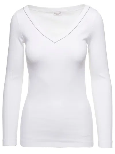 BRUNELLO CUCINELLI WHITE V-NECK PULLOVER WITH BEADS DETAILING IN STRETCH COTTON WOMAN