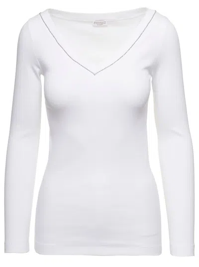Brunello Cucinelli White V-neck Pullover With Beads Detailing In Stretch Cotton Woman Brunello Cucin