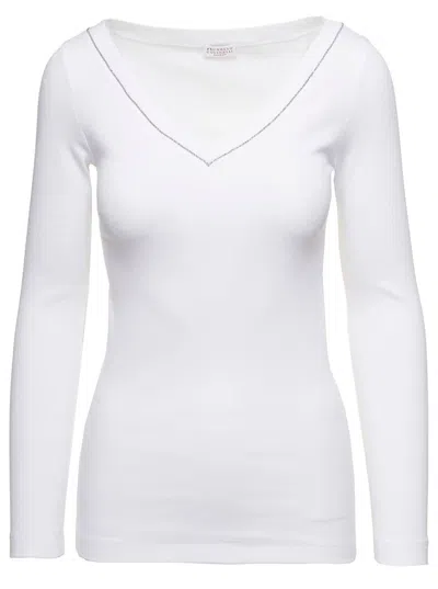 BRUNELLO CUCINELLI WHITE V-NECK PULLOVER WITH BEADS DETAILING IN STRETCH COTTON WOMAN BRUNELLO CUCINELLI
