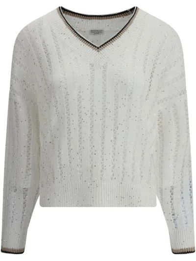 BRUNELLO CUCINELLI WHITE V NECK SWEATER