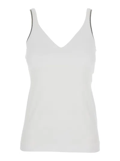 Brunello Cucinelli White V-neck Top With Side Monile Detail In Cotton Woman