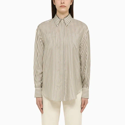 Brunello Cucinelli Striped Silk Shirt With Beaded Collar And Patch Pockets In Gray