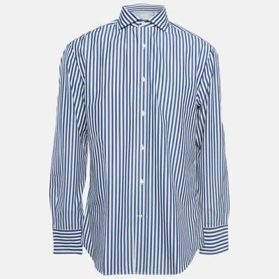 Pre-owned Brunello Cucinelli White/blue Pinstripe Cotton Slim Fit Shirt Xl