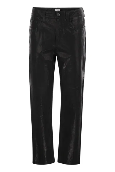 Brunello Cucinelli Wide Five-pocket Trousers In Smooth Nappa Leather In Black