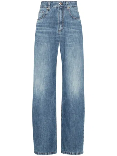 Brunello Cucinelli Wide-leg Blue Jeans With Whiskering Effect And Classic Five-pocket Design