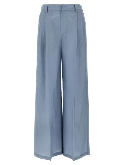 Brunello Cucinelli Wide-leg Cotton Blend Trousers With Pleated Front In Blue