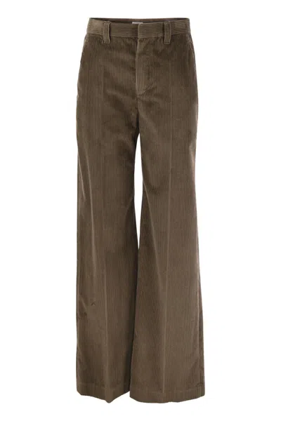 Brunello Cucinelli Women Fluid Corduroy Sartorial Track Trousers With Jewellery In Brown