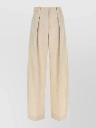 Brunello Cucinelli Wide Leg High Waist Wool Blend Pants In Neutral