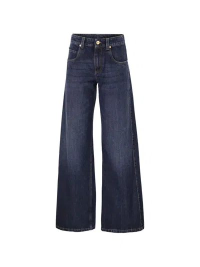 Brunello Cucinelli Women Wide Trousers In Authentic Denim With Jewellery In Blue