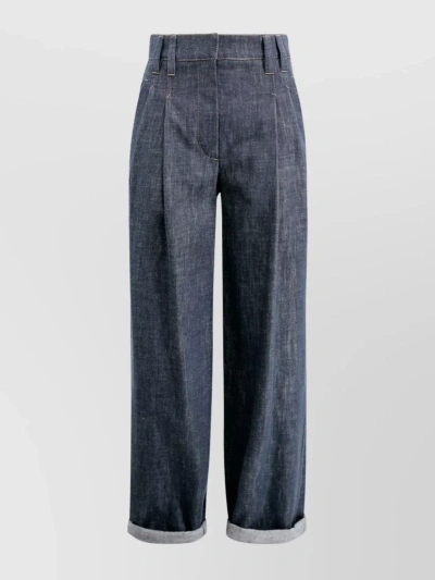 Brunello Cucinelli Wide Leg Trousers With Front Pleats And Cuffed Hem In Blue
