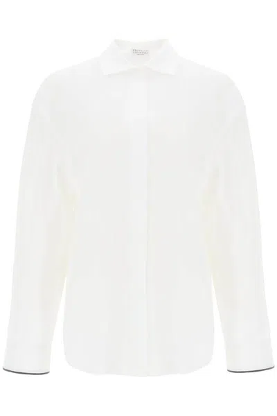 Brunello Cucinelli Wide Sleeve Shirt With Shiny Cuff Details In White