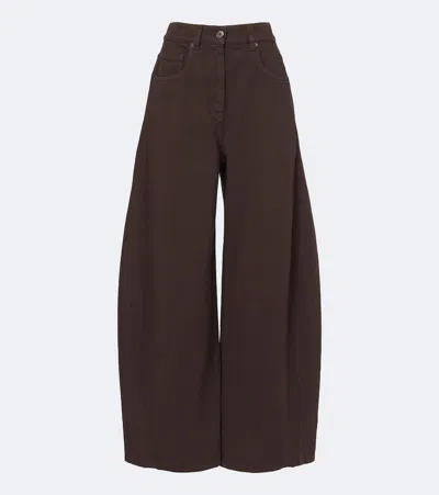 Brunello Cucinelli Dyed Denim Wide Trousers With Monili In Brown