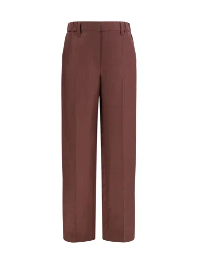 Brunello Cucinelli Wide-leg Pants In Linen With Elastic Waistband And Belt Loops In Burgundy