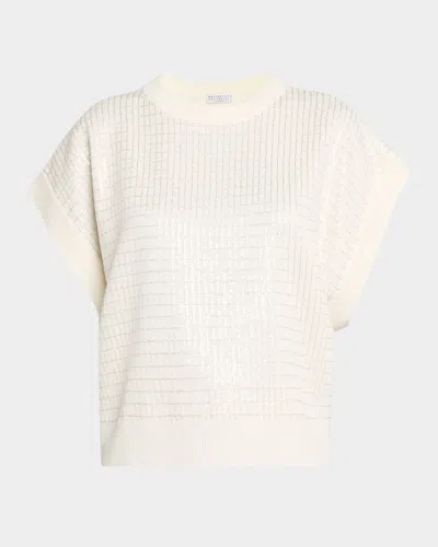 Brunello Cucinelli Windowpane Paillette Wool-cashmere Short-sleeve Sweater In Neutral