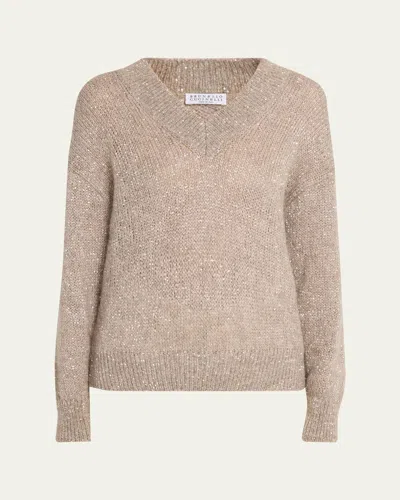 Brunello Cucinelli Winter Glow Paillette Mohair V-neck Sweater In Tan