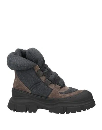 Brunello Cucinelli Woman Ankle Boots Charcoal Size 6 Leather, Textile Fibers In Gray