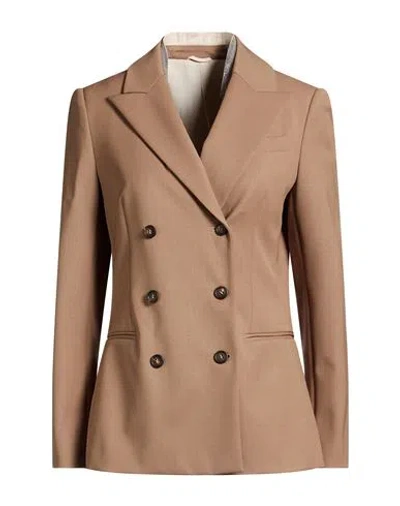 BRUNELLO CUCINELLI BRUNELLO CUCINELLI WOMAN BLAZER CAMEL SIZE 4 VIRGIN WOOL, POLYAMIDE, ELASTANE, BRASS