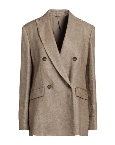 Brunello Cucinelli Woman Blazer Khaki Size 6 Linen, Polyamide, Metallic Fiber, Ecobrass In Beige